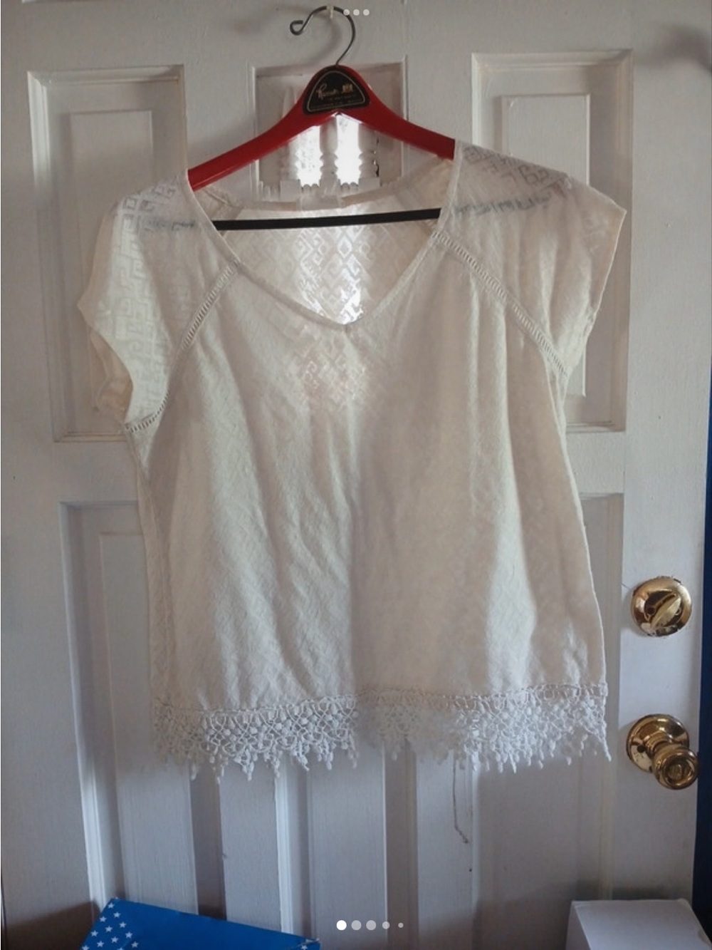 Women’s White Crochet-Hem V-Neck Blouse.Boho style.